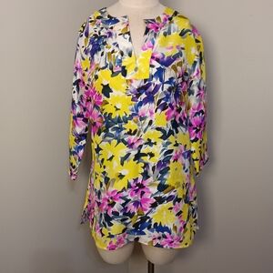 Gorgeous! DONCASTER 100% Silk V Neck Long Sleeve Top Shirt Bright Floral Sz S